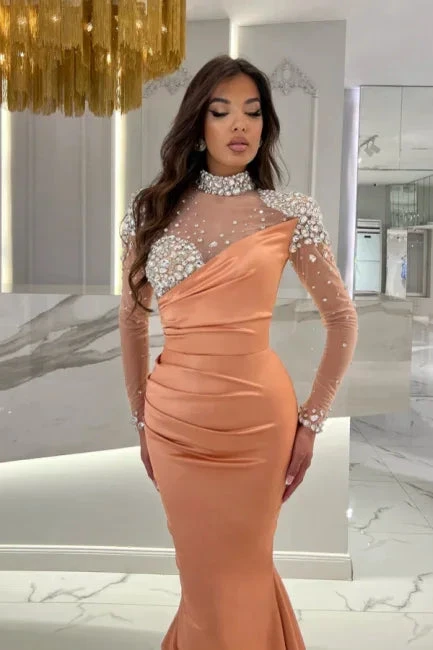 Gorgeous Long Orange Mermaid High Neck Prom Dress with Long Sleeves by misshow.com
