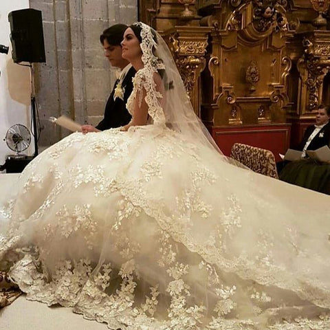 Gorgeous Long Princess Bateau Appliques Lace Backless Ruffles Wedding Dress with Sleeves