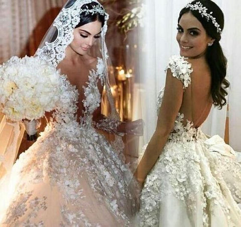 Gorgeous Long Princess Bateau Appliques Lace Backless Ruffles Wedding Dress with Sleeves