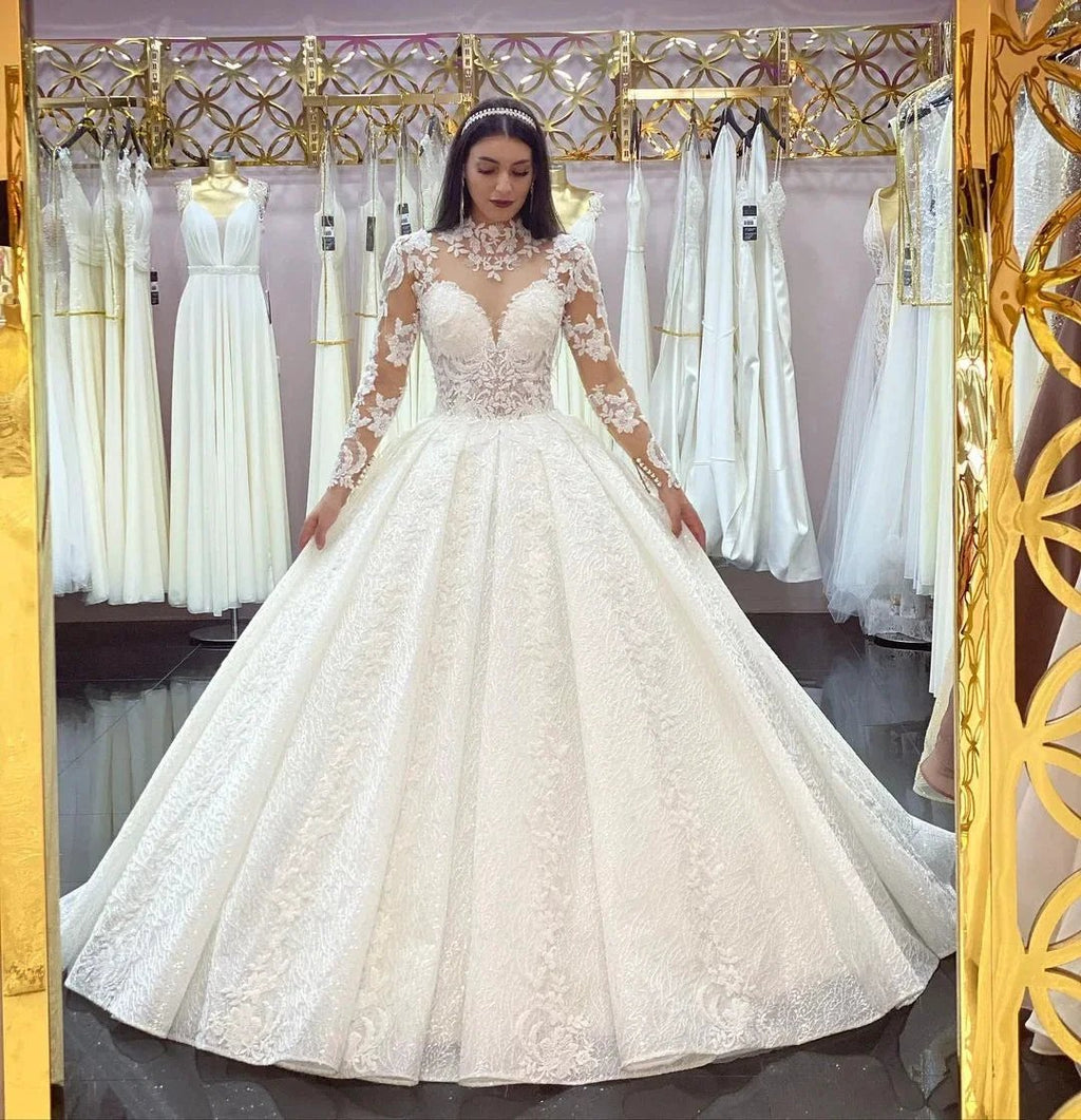 Gorgeous Long Princess High-neck Lace Appliques Wedding Dress with Sleeves by BIZTUNNEL