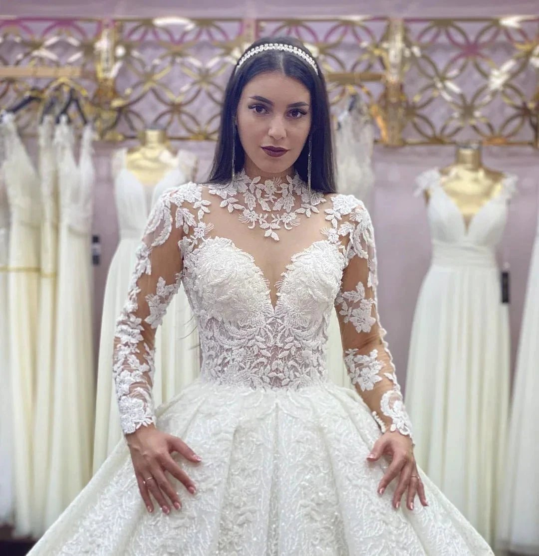 Gorgeous Long Princess High-neck Lace Appliques Wedding Dress with Sleeves by BIZTUNNEL