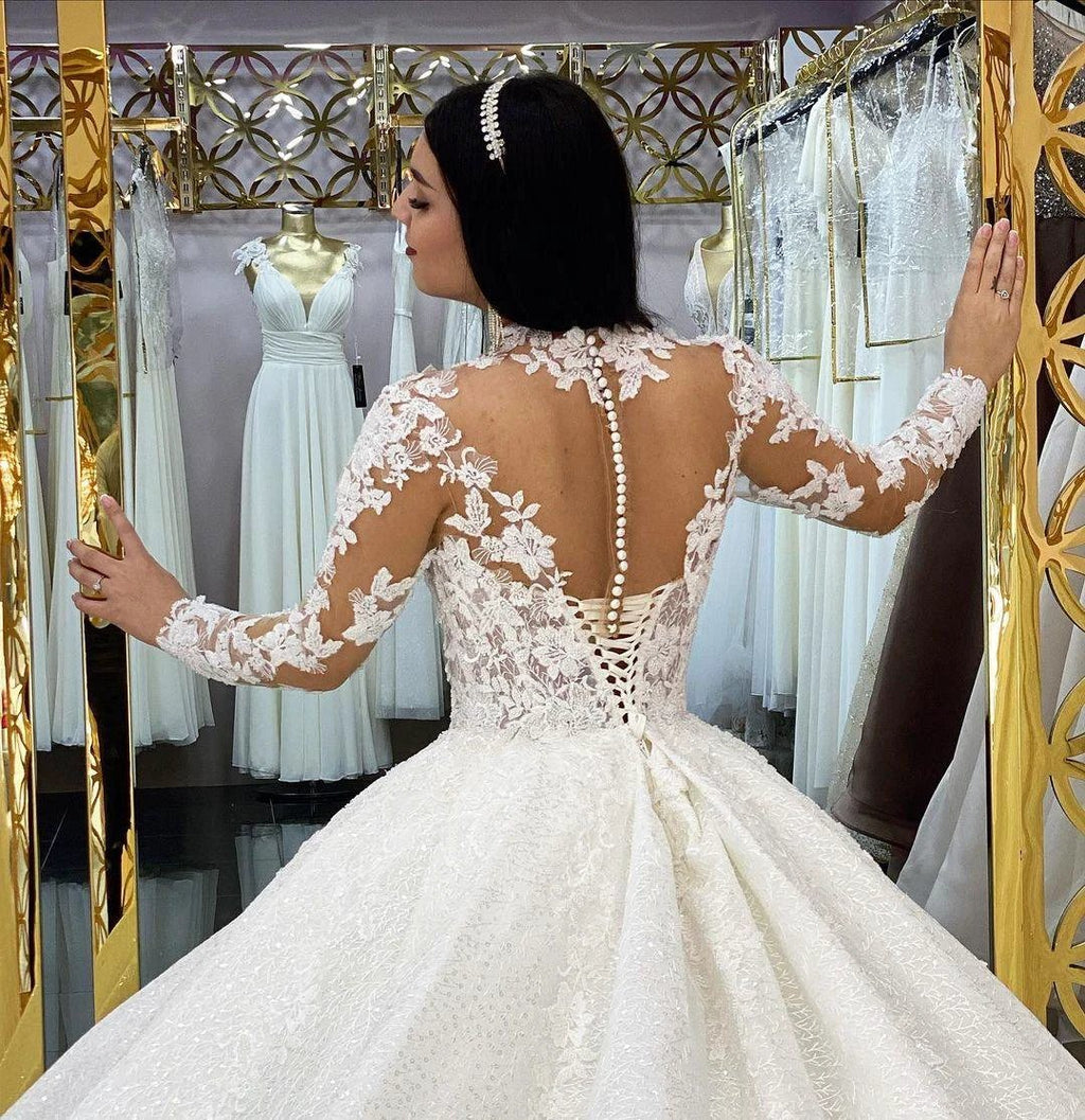 Gorgeous Long Princess High-neck Lace Appliques Wedding Dress with Sleeves by BIZTUNNEL