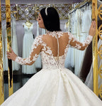 Gorgeous Long Princess High-neck Lace Appliques Wedding Dress with Sleeves by BIZTUNNEL