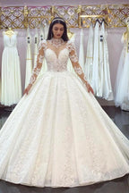 Gorgeous Long Princess High-neck Lace Appliques Wedding Dress with Sleeves by BIZTUNNEL