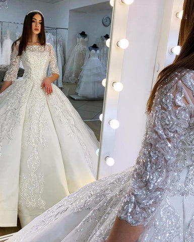 Gorgeous Long Princess Satin Bateau Appliques Lace Wedding Dress with Sleeves