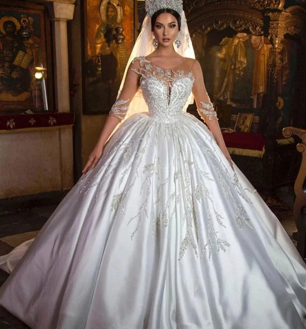 Gorgeous Long Princess Sweetheart Satin Wedding Dress with Sleeves by BIZTUNNEL