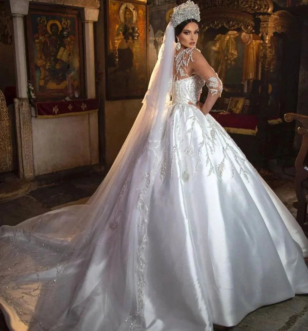 Gorgeous Long Princess Sweetheart Satin Wedding Dress with Sleeves by BIZTUNNEL