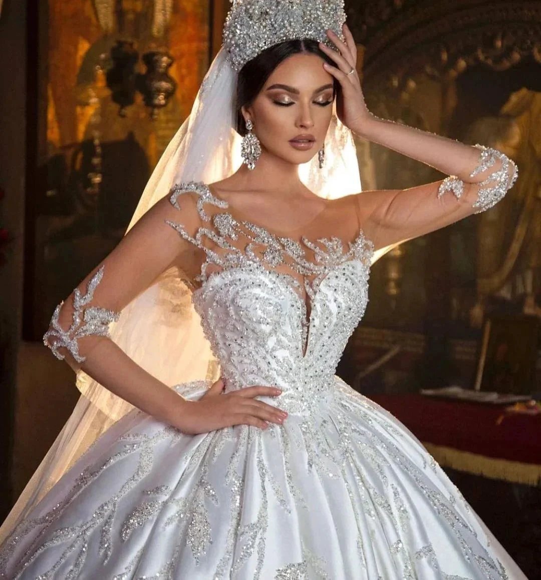 Gorgeous Long Princess Sweetheart Satin Wedding Dress with Sleeves by BIZTUNNEL