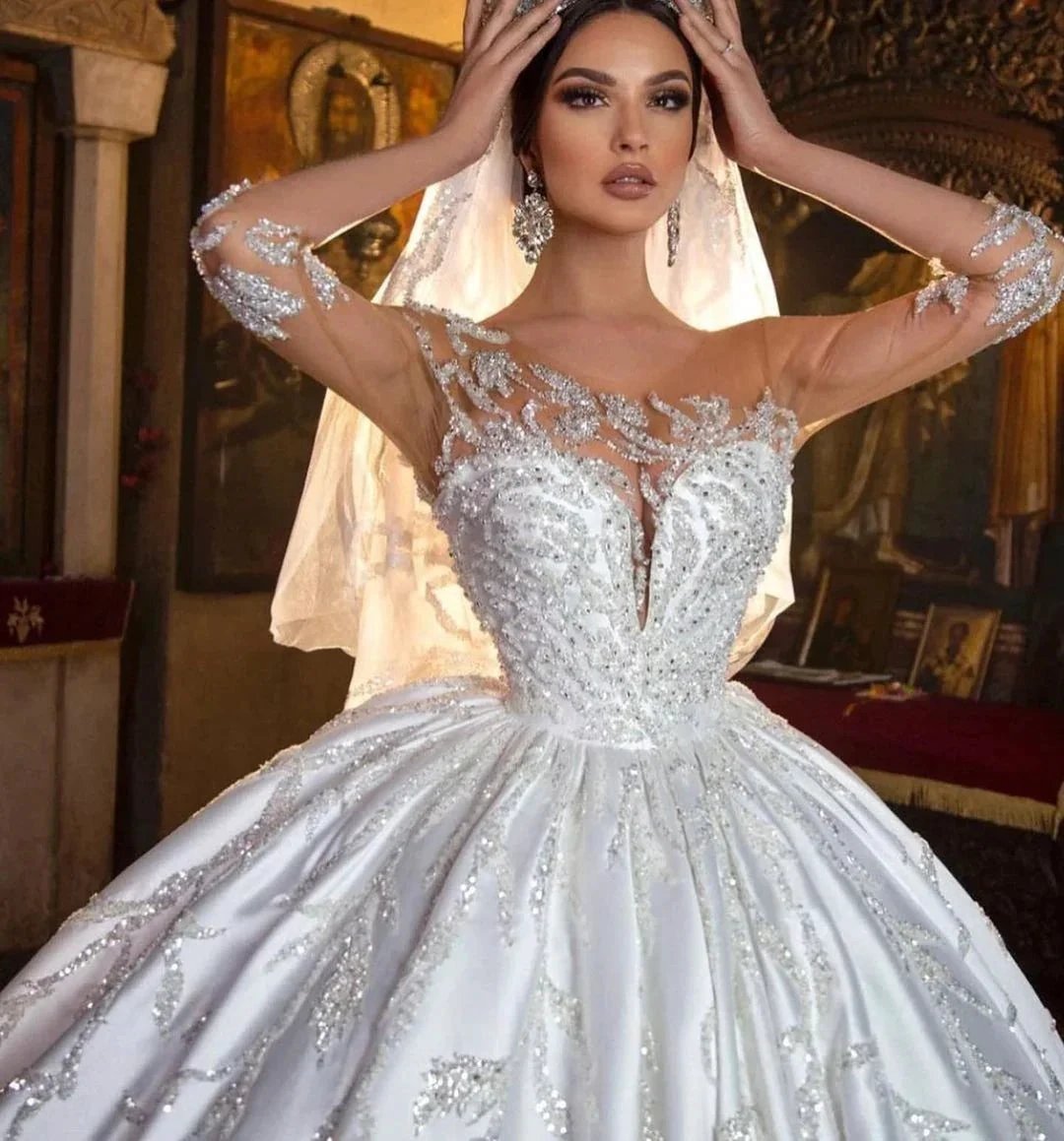 Gorgeous Long Princess Sweetheart Satin Wedding Dress with Sleeves by BIZTUNNEL