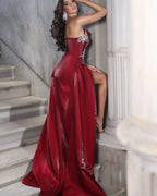 Gorgeous Long Red A-line Glitter One-Shoulder Sleeveless Prom Dress With Slit by misshow.com