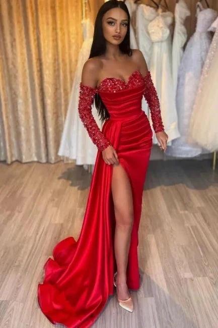 Gorgeous Long Red Mermaid Sweetheart Sequined Beading Long Sleeves Prom Dress with Slit by misshow.com