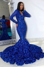 Gorgeous Long Red Mermaid V-neck Lace Prom Dress With Long Sleeves by misshow.com