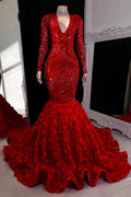 Gorgeous Long Red Mermaid V-neck Lace Prom Dress With Long Sleeves by misshow.com