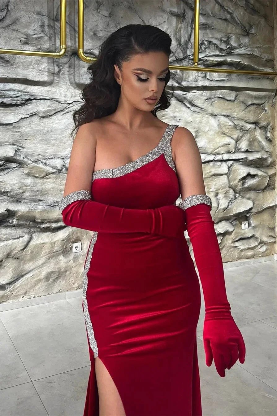 Gorgeous Long Red One Shoulder Sequined Sleeveless Prom Dress With Slit by misshow.com