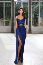 Gorgeous Long Royal Blue Sleeveless Beading Prom Dress With Slit by misshow.com