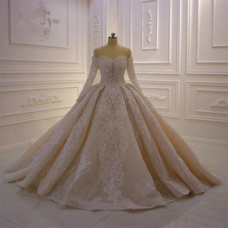 Gorgeous Long Sleeve Off the Shoulder Appliques Lace Ball Gown Wedding Dress by BIZTUNNEL