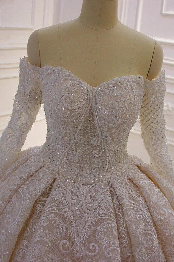Gorgeous Long Sleeve Off the Shoulder Appliques Lace Ball Gown Wedding Dress by BIZTUNNEL