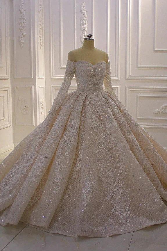 Gorgeous Long Sleeve Off the Shoulder Appliques Lace Ball Gown Wedding Dress by BIZTUNNEL