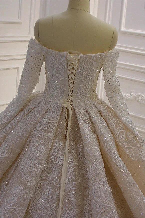 Gorgeous Long Sleeve Off the Shoulder Appliques Lace Ball Gown Wedding Dress by BIZTUNNEL