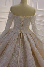 Gorgeous Long Sleeve Off the Shoulder Appliques Lace Ball Gown Wedding Dress by BIZTUNNEL