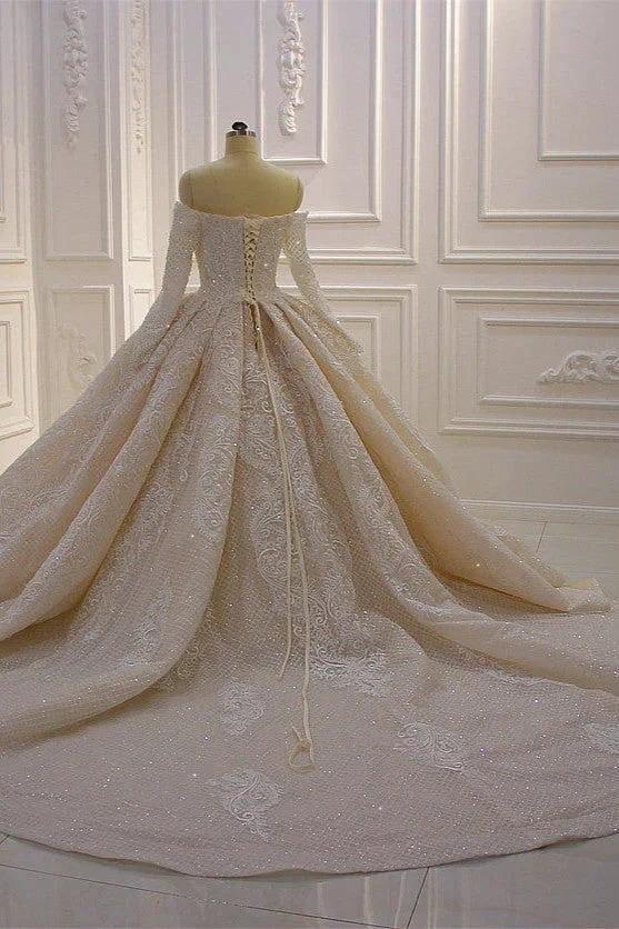Gorgeous Long Sleeve Off the Shoulder Appliques Lace Ball Gown Wedding Dress by BIZTUNNEL