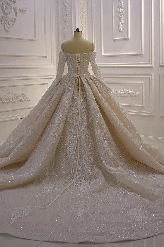Gorgeous Long Sleeve Off the Shoulder Appliques Lace Ball Gown Wedding Dress by BIZTUNNEL