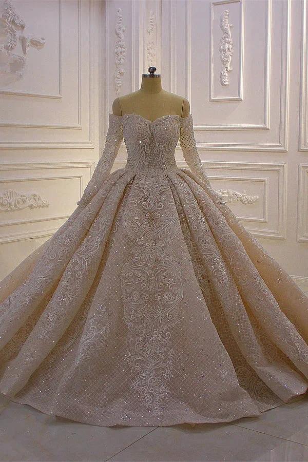 Gorgeous Long Sleeve Off the Shoulder Appliques Lace Ball Gown Wedding Dress by BIZTUNNEL