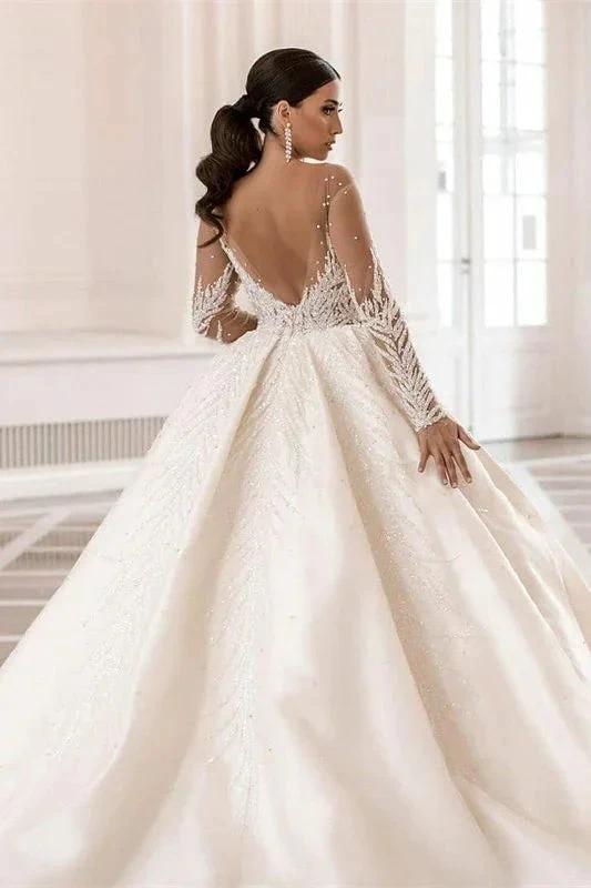Gorgeous Long Sleeves A-Line Bateau Crystal Pearl Satin Wedding Dress by BIZTUNNEL