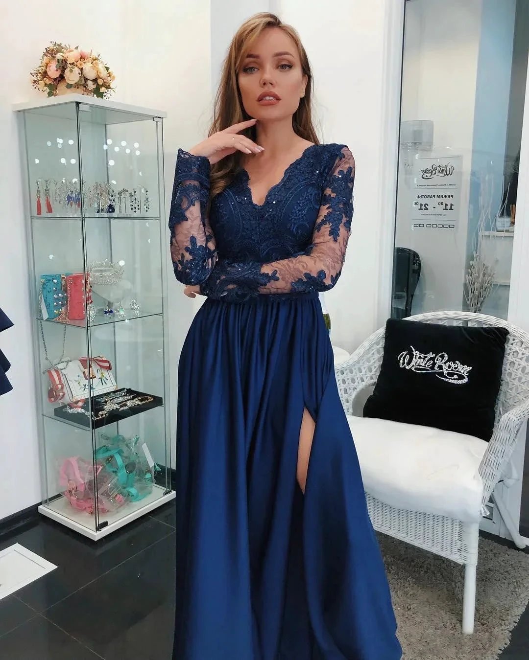 Gorgeous Long Sleeves A-Line Chiffon Blue Prom Dresses with Slit by BIZTUNNEL