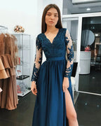 Gorgeous Long Sleeves A-Line Chiffon Blue Prom Dresses with Slit by BIZTUNNEL