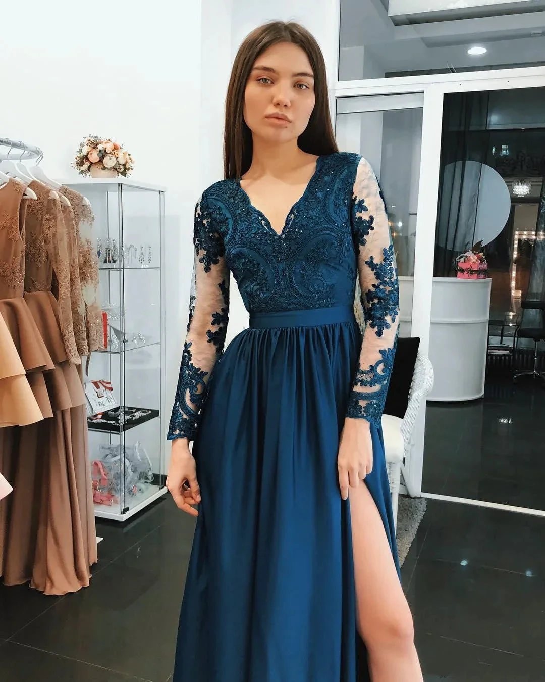 Gorgeous Long Sleeves A-Line Chiffon Blue Prom Dresses with Slit by BIZTUNNEL