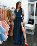Gorgeous Long Sleeves A-Line Chiffon Blue Prom Dresses with Slit by BIZTUNNEL
