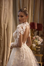 Gorgeous Long Sleeves A-line Jewel Tulle Lace Backless Wedding Dresses with Slit by BIZTUNNEL