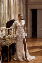 Gorgeous Long Sleeves A-line Jewel Tulle Lace Backless Wedding Dresses with Slit by BIZTUNNEL