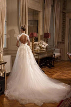 Gorgeous Long Sleeves A-line Jewel Tulle Lace Backless Wedding Dresses with Slit by BIZTUNNEL