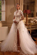 Gorgeous Long Sleeves A-line Jewel Tulle Lace Backless Wedding Dresses with Slit by BIZTUNNEL