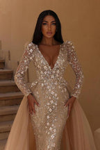 Gorgeous Long Sleeves Mermaid V-neck Wedding Dress with Detachable Tulle Train by BIZTUNNEL