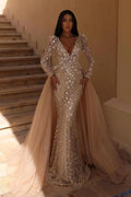 Gorgeous Long Sleeves Mermaid V-neck Wedding Dress with Detachable Tulle Train by BIZTUNNEL