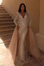 Gorgeous Long Sleeves Mermaid V-neck Wedding Dress with Detachable Tulle Train by BIZTUNNEL