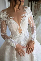 Gorgeous Long Sleeves Soft Floral Lace Bridal Gown V-Neck Wedding Dress by misshow.com