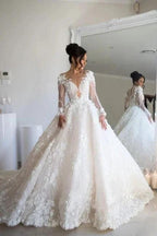 Gorgeous Long Sleeves Soft Floral Lace Bridal Gown V-Neck Wedding Dress by misshow.com