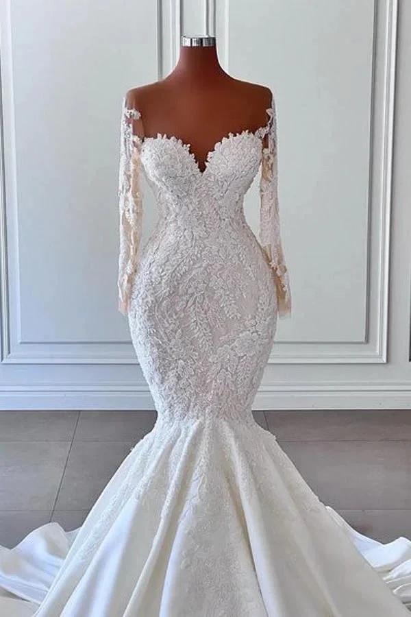 Gorgeous Long Sleeves White Mermaid Bridal Dress Sweetheart Graden Wedding Dresses by BIZTUNNEL