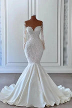 Gorgeous Long Sleeves White Mermaid Bridal Dress Sweetheart Graden Wedding Dresses by BIZTUNNEL