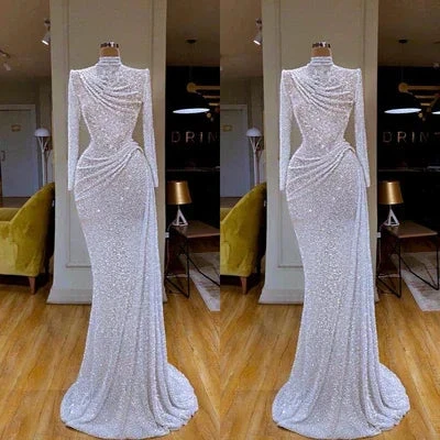 Gorgeous Long White Mermaid High Neck Sequined Prom Dress With Long Sleeves by misshow.com