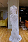 Gorgeous Long White Mermaid High Neck Sequined Prom Dress With Long Sleeves by misshow.com