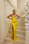 Gorgeous Long Yellow Strapless Mermaid Jewels Floor-Length Prom Dress With Slit by misshow.com