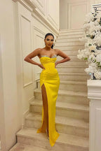 Gorgeous Long Yellow Strapless Mermaid Jewels Floor-Length Prom Dress With Slit by misshow.com