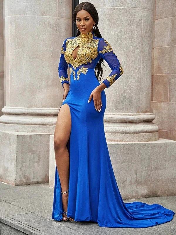 Gorgeous Mermaid Applique Long Sleeves Jersey High Neck Prom Dresses by misshow.com