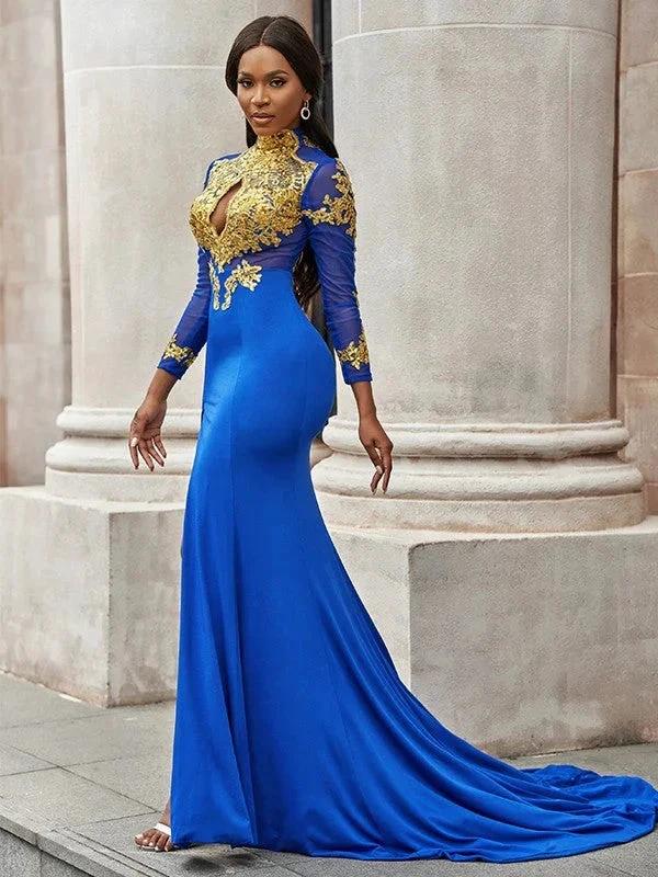 Gorgeous Mermaid Applique Long Sleeves Jersey High Neck Prom Dresses by misshow.com