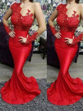 Gorgeous Mermaid Applique Scoop Satin Long Sleeves Prom Dresses by misshow.com